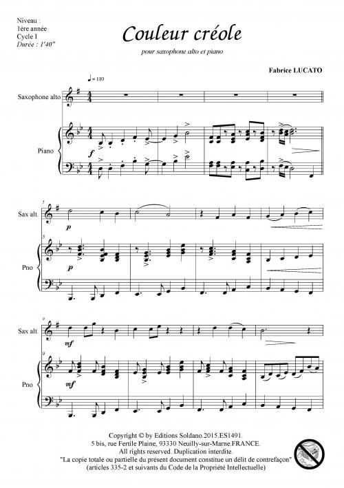 Couleur créole (saxophone alto et piano) - Les Editions Soldano