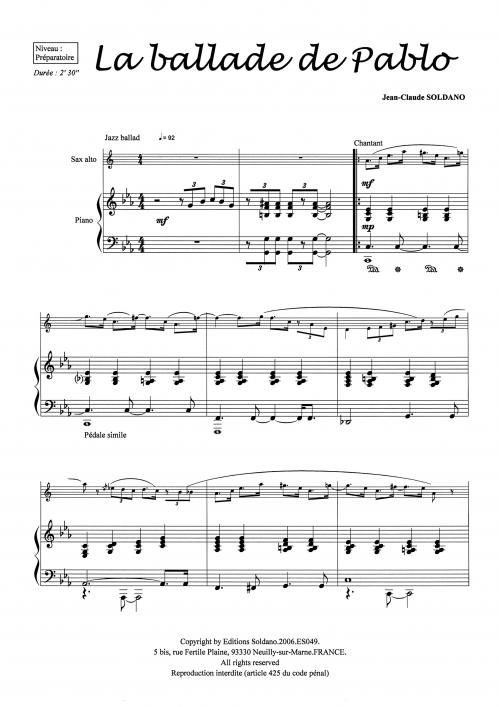 La ballade de Pablo (saxophone alto et piano)