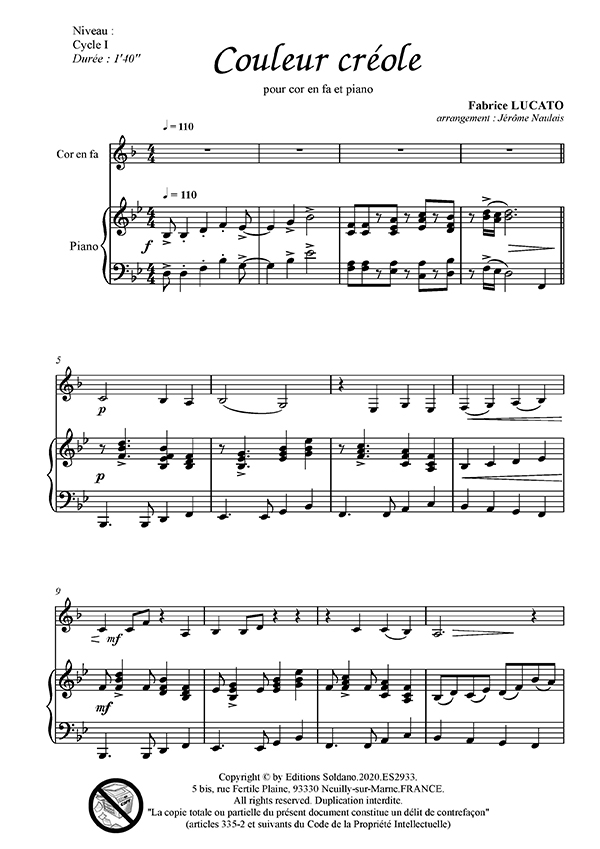 Couleur créole (cor en fa et piano) - Les Editions Soldano