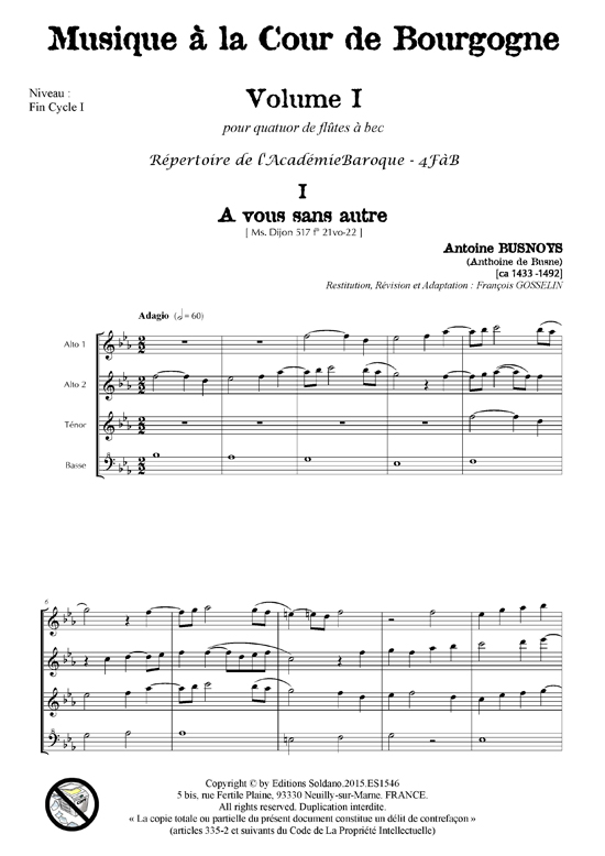 Musique à la Cour de Bourgogne VOLUME 1 (quatuor de flûtes à bec)