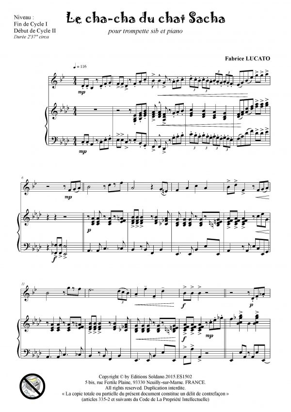 Le cha-cha du chat Sacha (trompette -ou cornet- et piano)