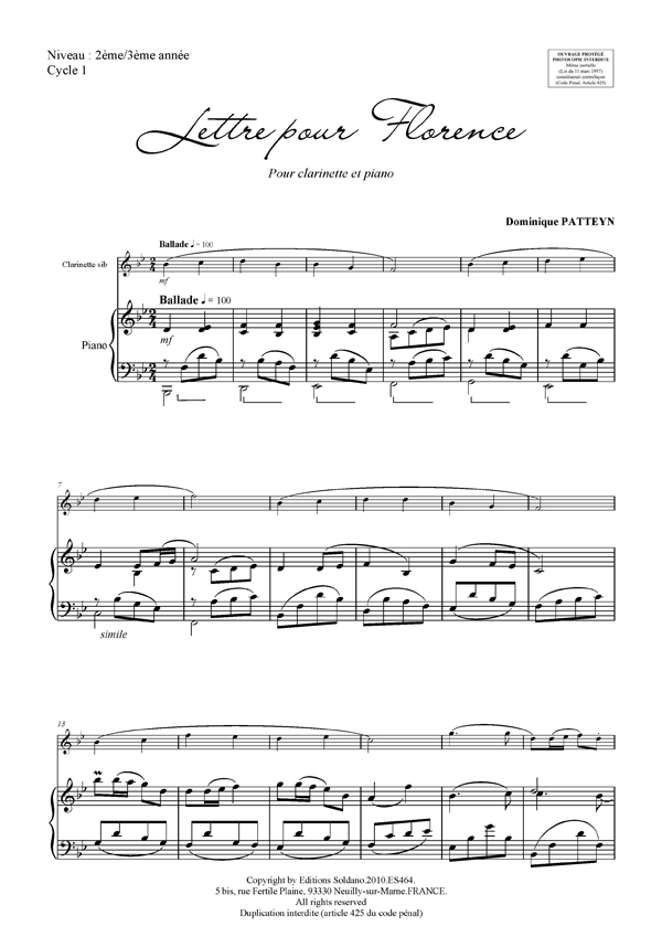 Lettre pour Florence (clarinette et piano)