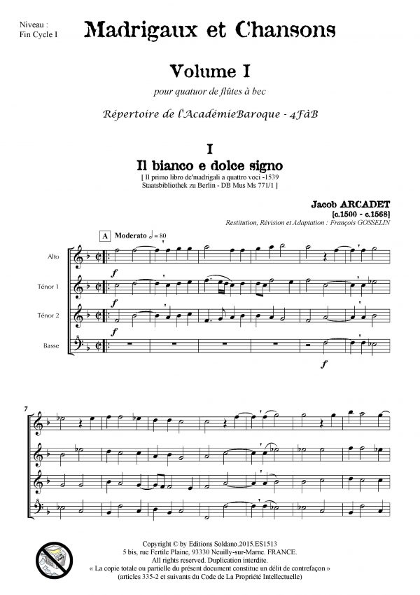 Madrigaux et Chansons -VOLUME 1- (quatuor de flûtes à bec)