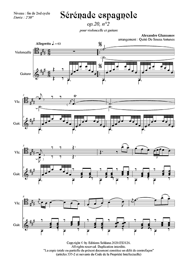 Sérénade espagnole opus 20 n°2 (violoncelle et guitare)